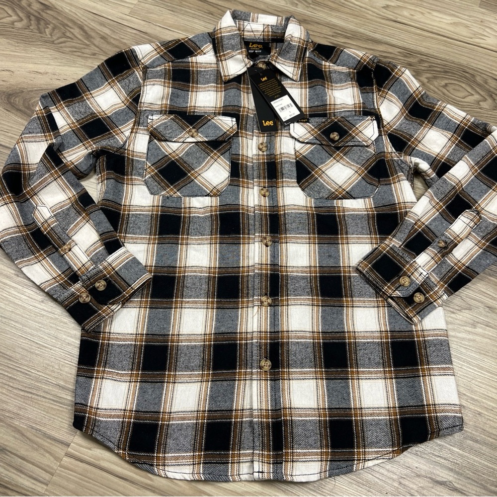 Lee Flannel Shirt Brown Sandstone Regular Fit Button Up Mens Small LM34LW040 $60